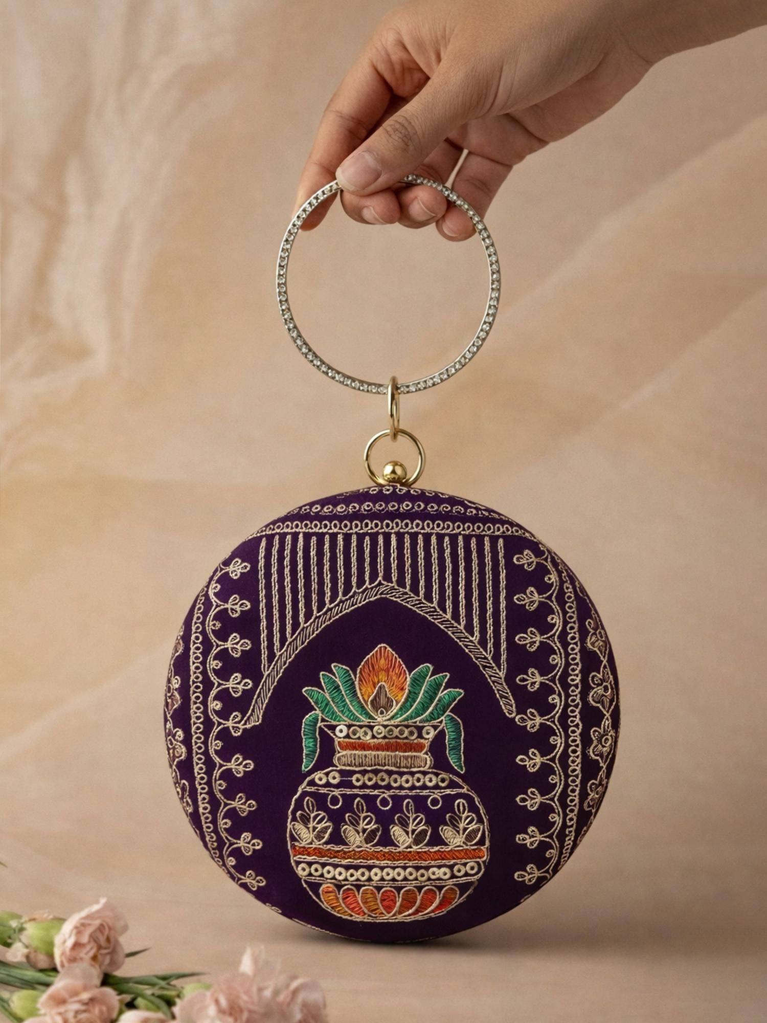 ARTKLIM Royal Purple Round Embroidered Clutch