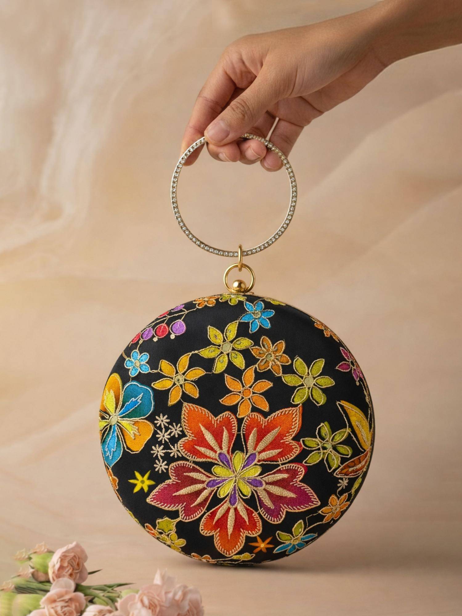 ARTKLIM Royal Black Floral Round Embroidered Clutch