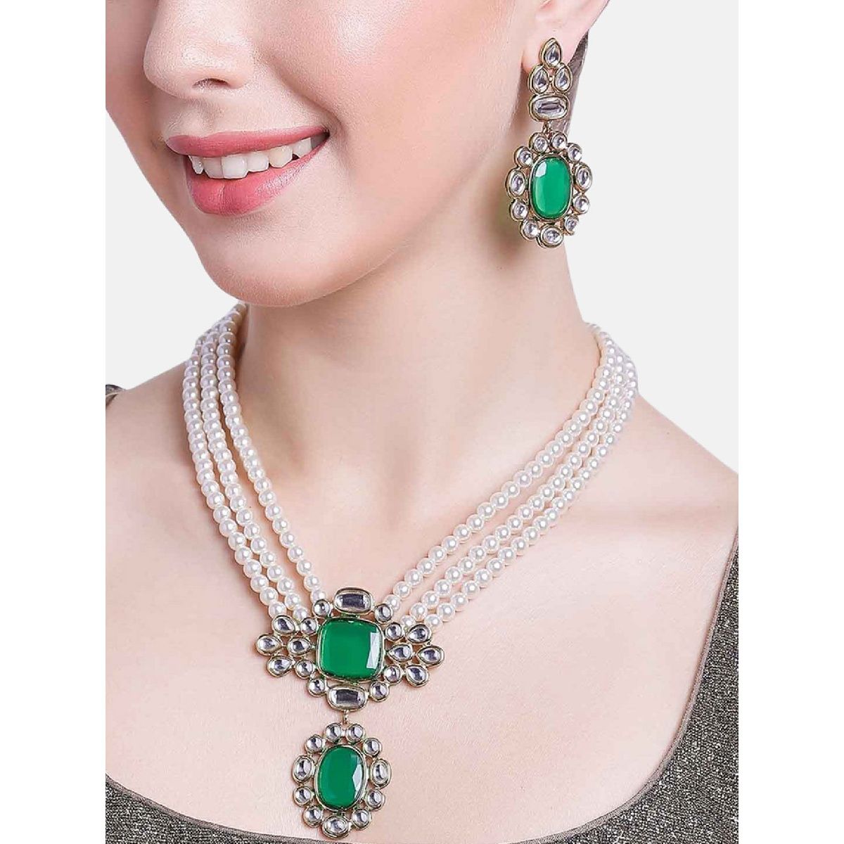 Gold Plated Ruby Emerald Marquee Stones Necklace Earrings | JewelSmart.in