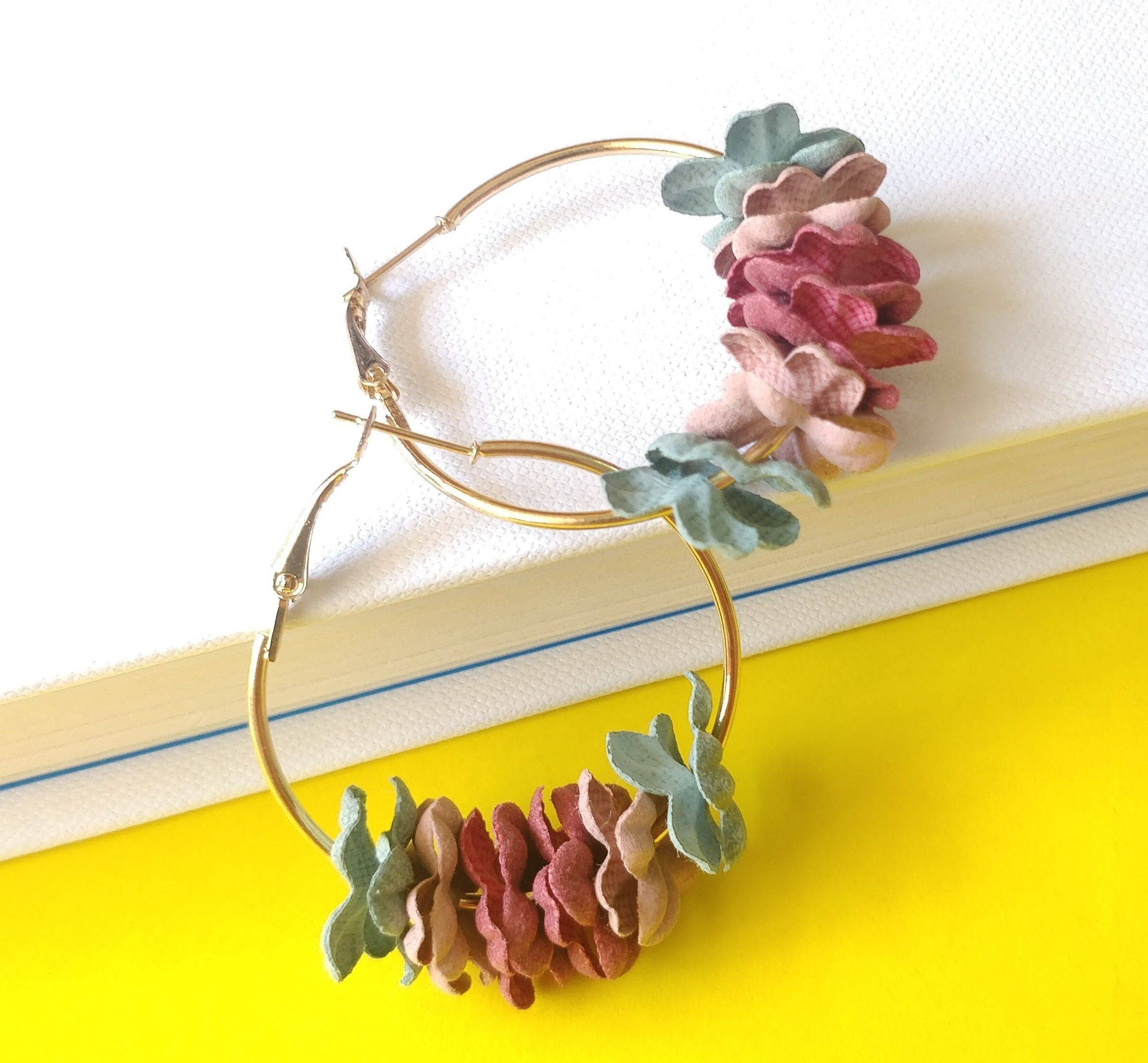 OOMPH Jewellery Gold Tone Red & Green Floral Hoop Drop Earrings For Women & Girls