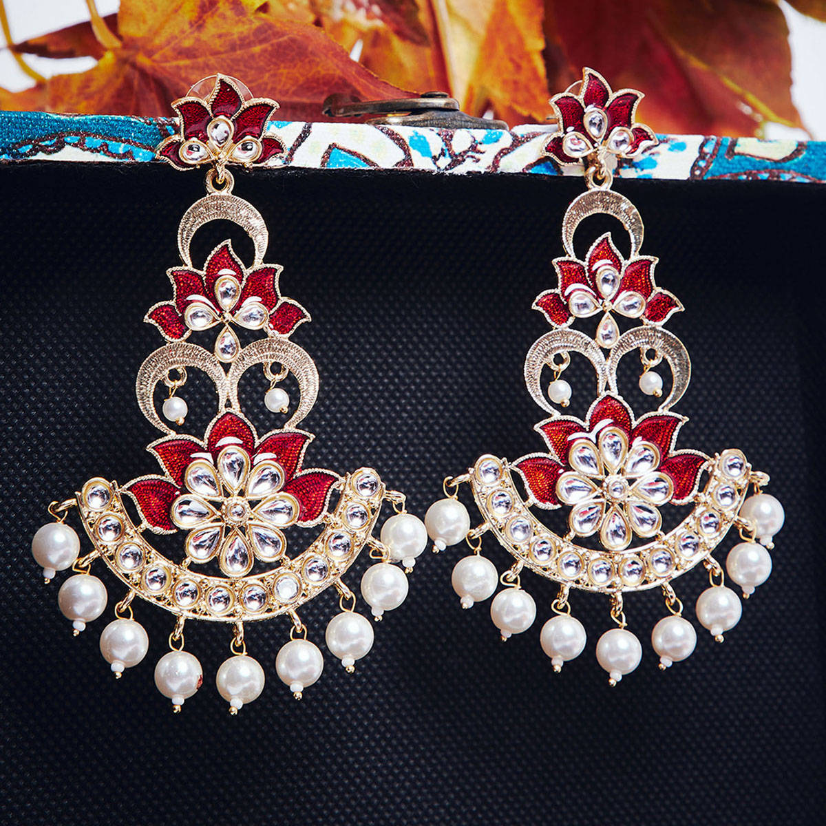 PANASH Red & Off-white Gold-plated Kundan Handcrafted Floral Shaped Drop Earrings
