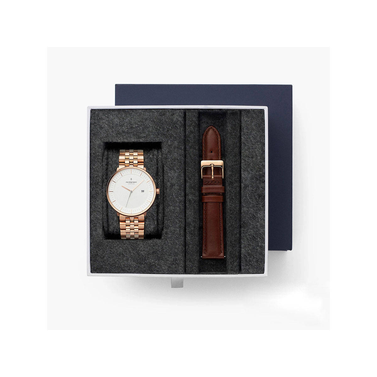 Nordgreen Philosopher Bundle White Dial Rose Gold Case Rose Gold 5-Link Brown Leather