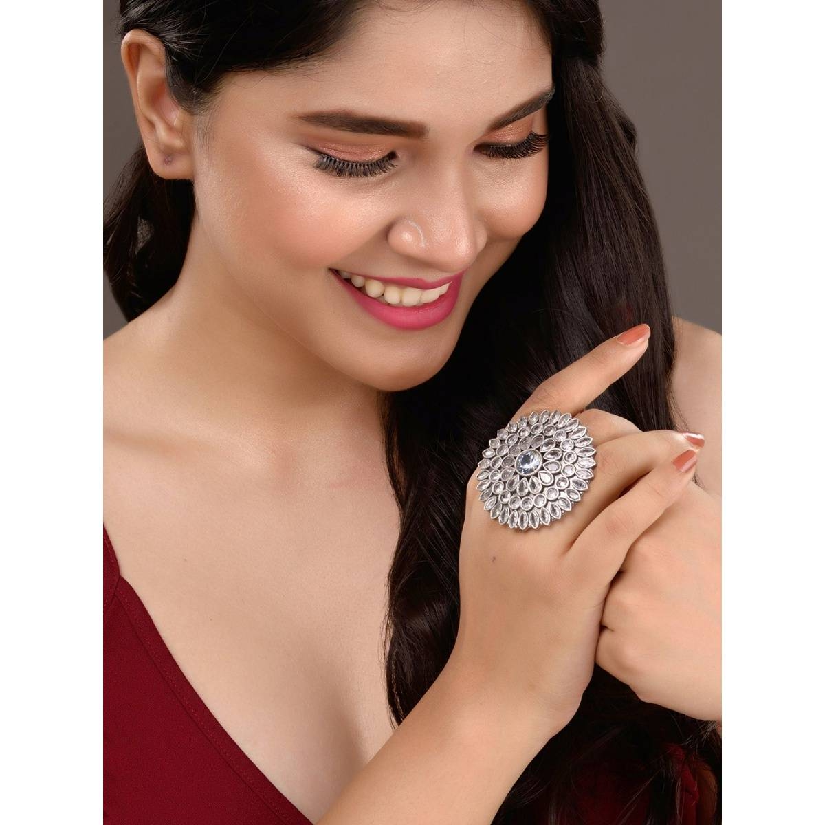 Saraf RS Jewellery Oxidised Silver Plated White Stone Studded Cocktail Finger Ring