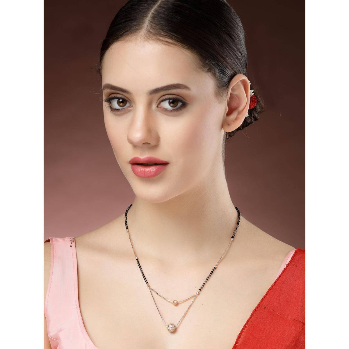 NVR Women Rose Gold Cz Stone-Studded and Beaded Layered Mangalsutra