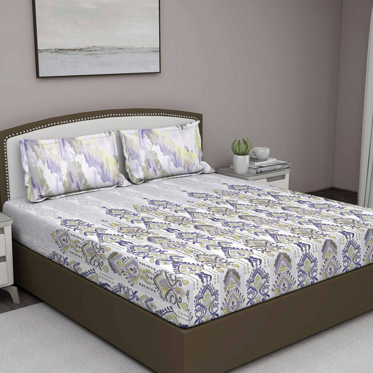 GM Purple Ornamental 180 Tc Cotton Queen Bedsheet With 2 Pillow Covers