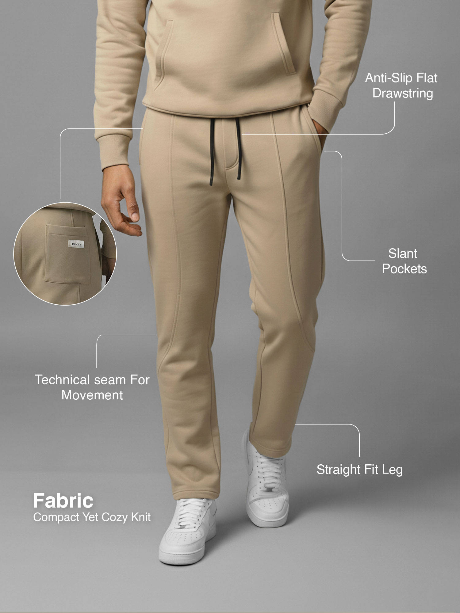 Buy Fitkin Men Beige Fawn Mid-Rise Straight Fit Trackpant Online