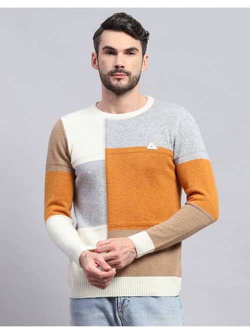 Monte Carlo Men's Color Blocked Off White Round Neck Pullover Sweater