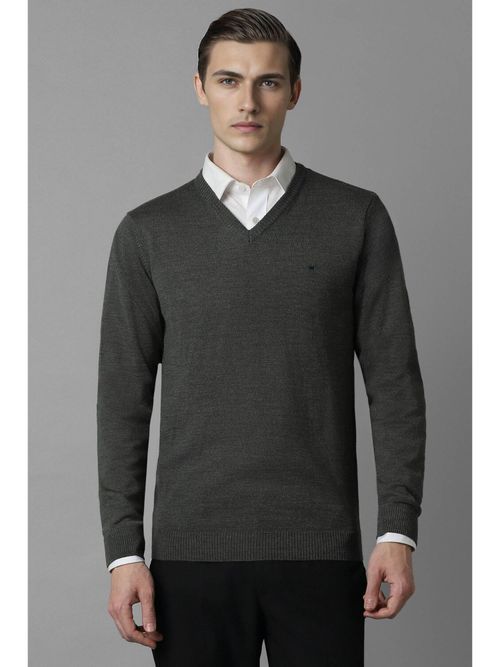 Louis Philippe Men Grey V-Neck Full Sleeves Sweater