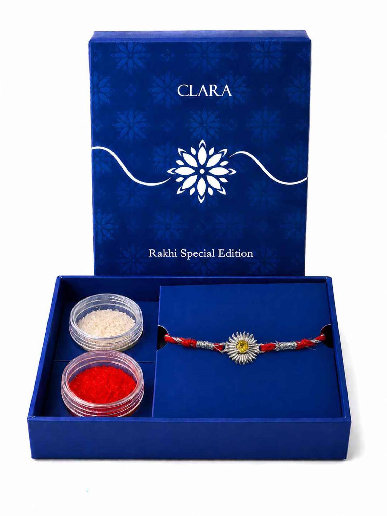 CLARA 925 Sterling Silver Suraj Sun Flower Rakhi with Roli Chawal