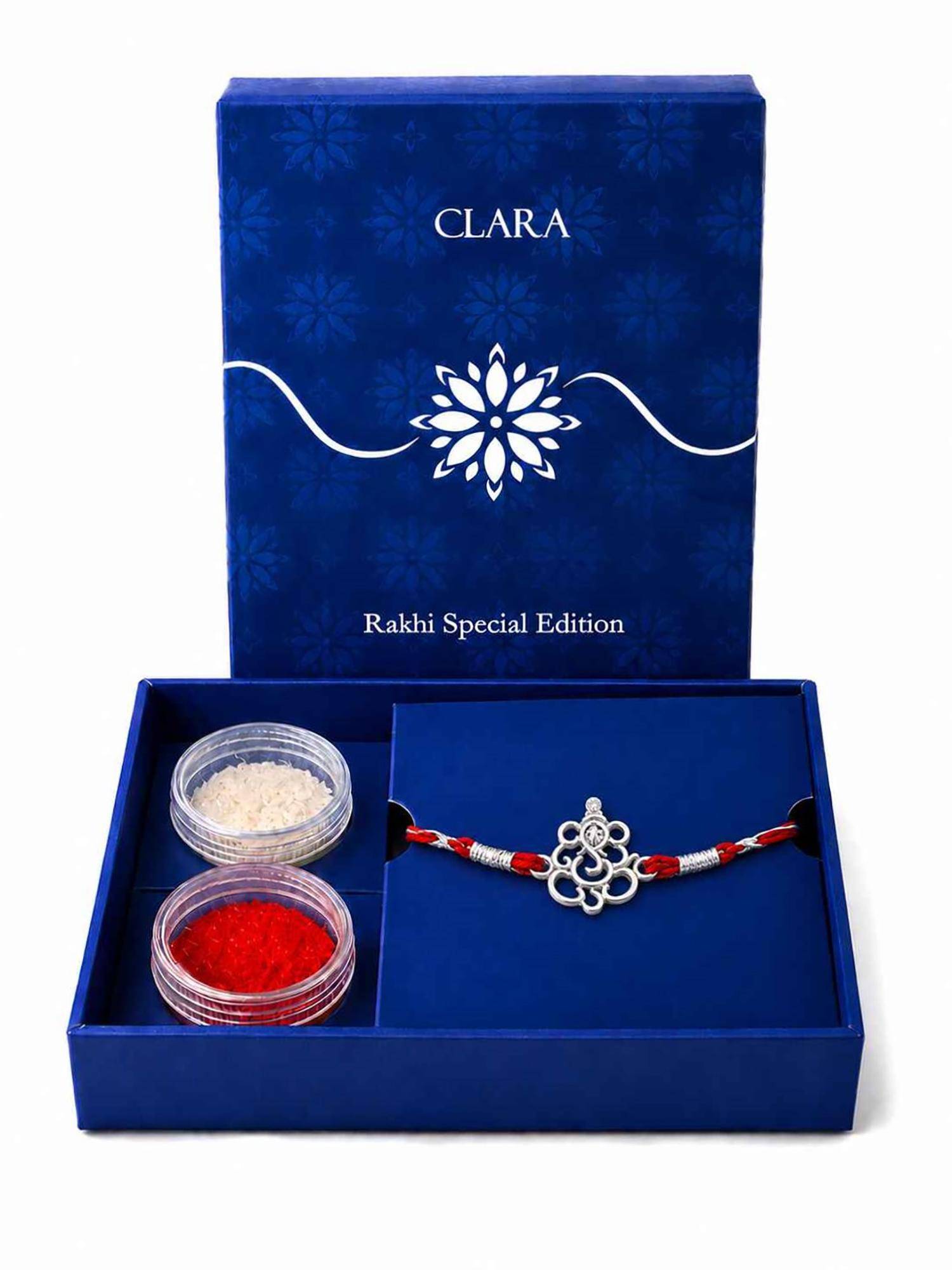 CLARA 925 Sterling Silver Shubh Ganesha Rakhi with Roli Chawal