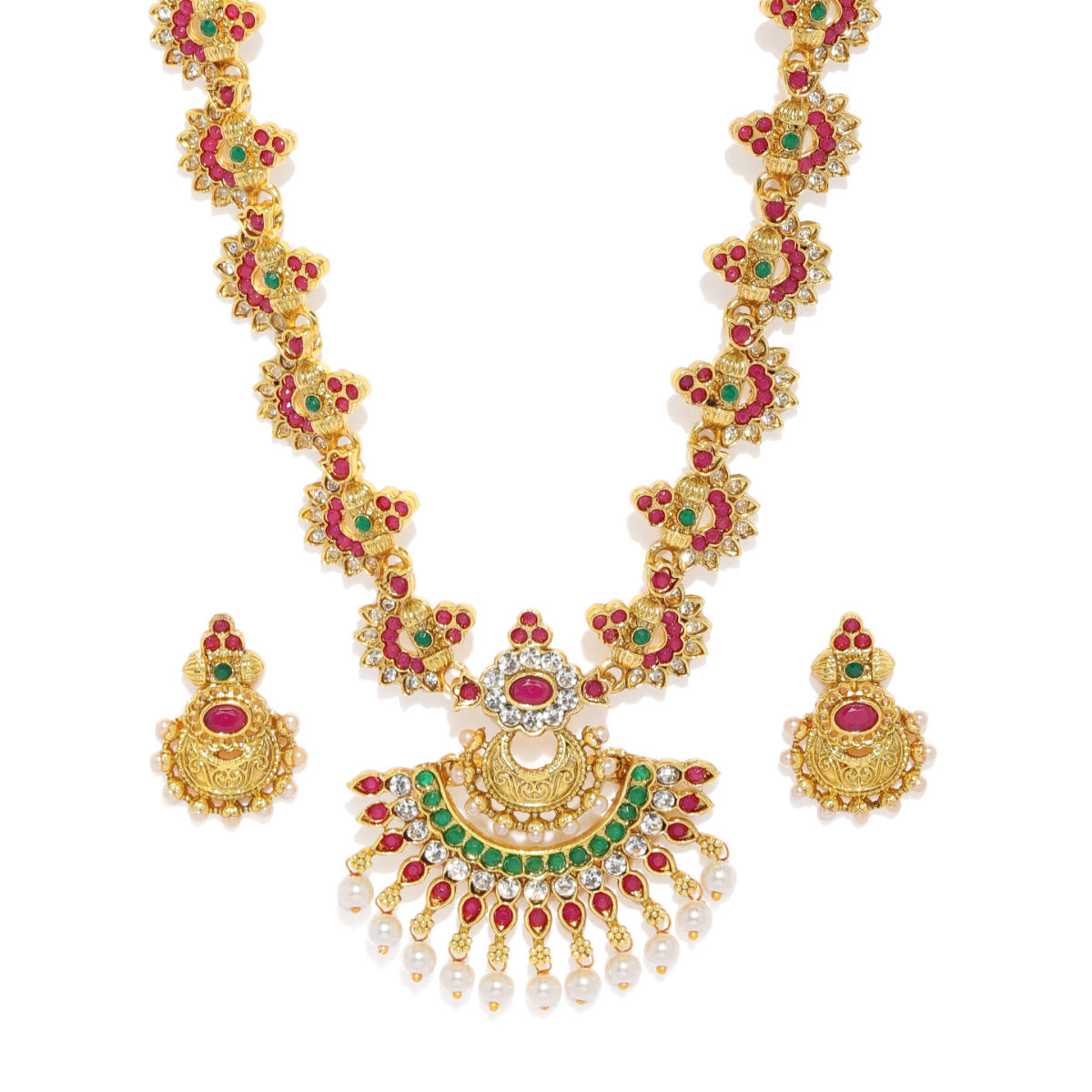 Zaveri Pearls Green & Red Stones Traditional Necklace & Earring Set -  ZPFK9381