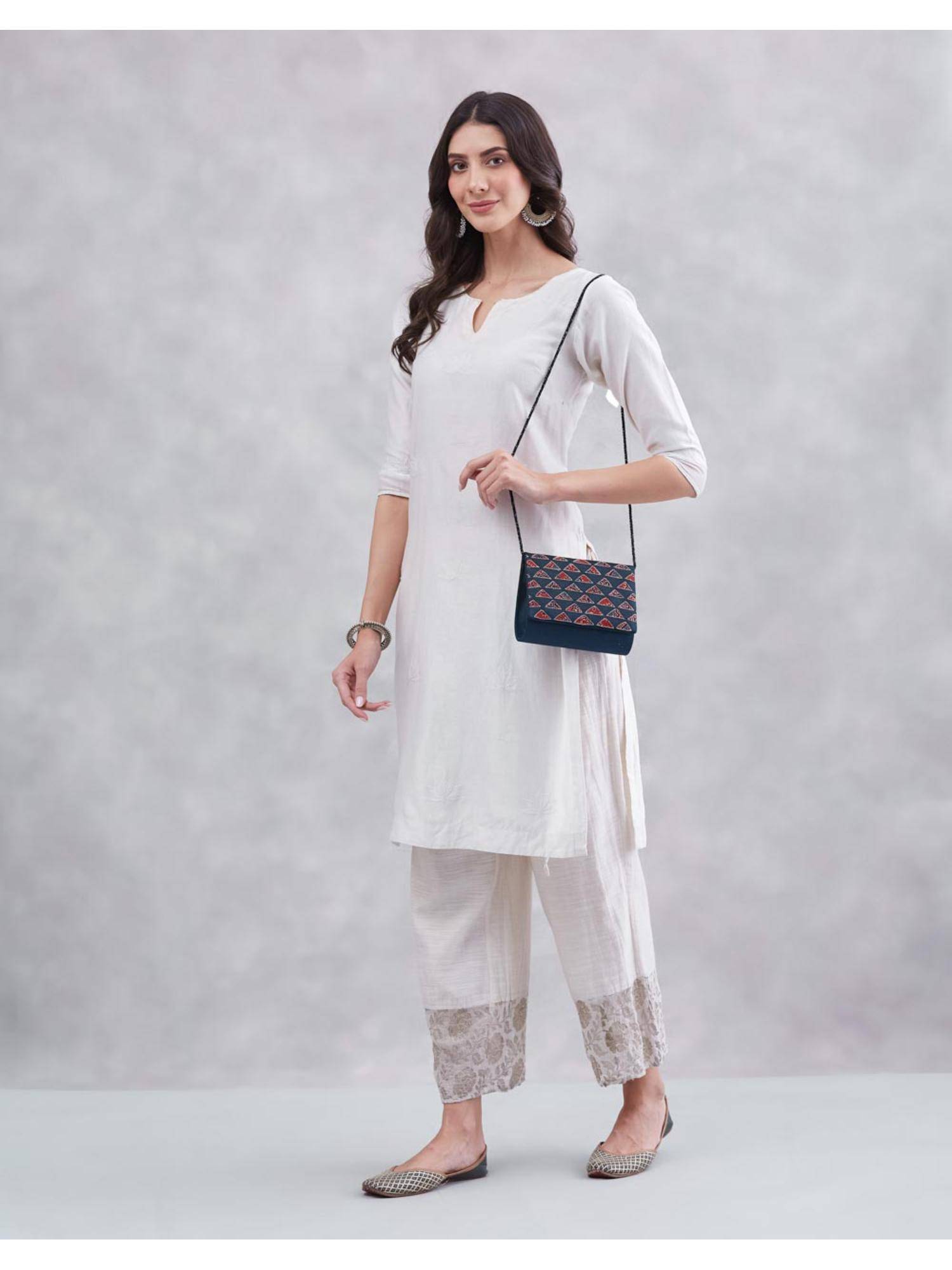 Fabindia Blue Ajrakh Clutch with Detachable Strap (M)