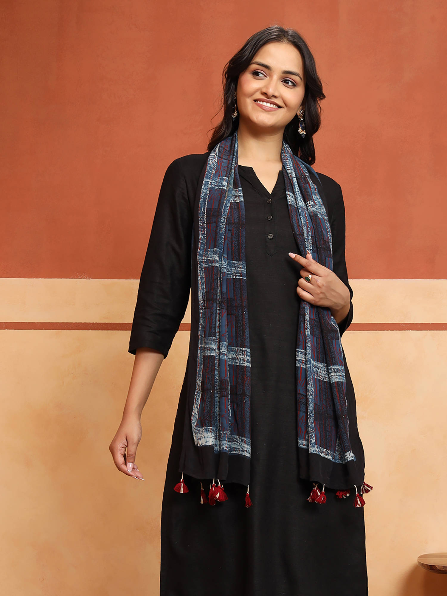 Fabindia Indigo Viscose Blend Ajrakh Printed Stole