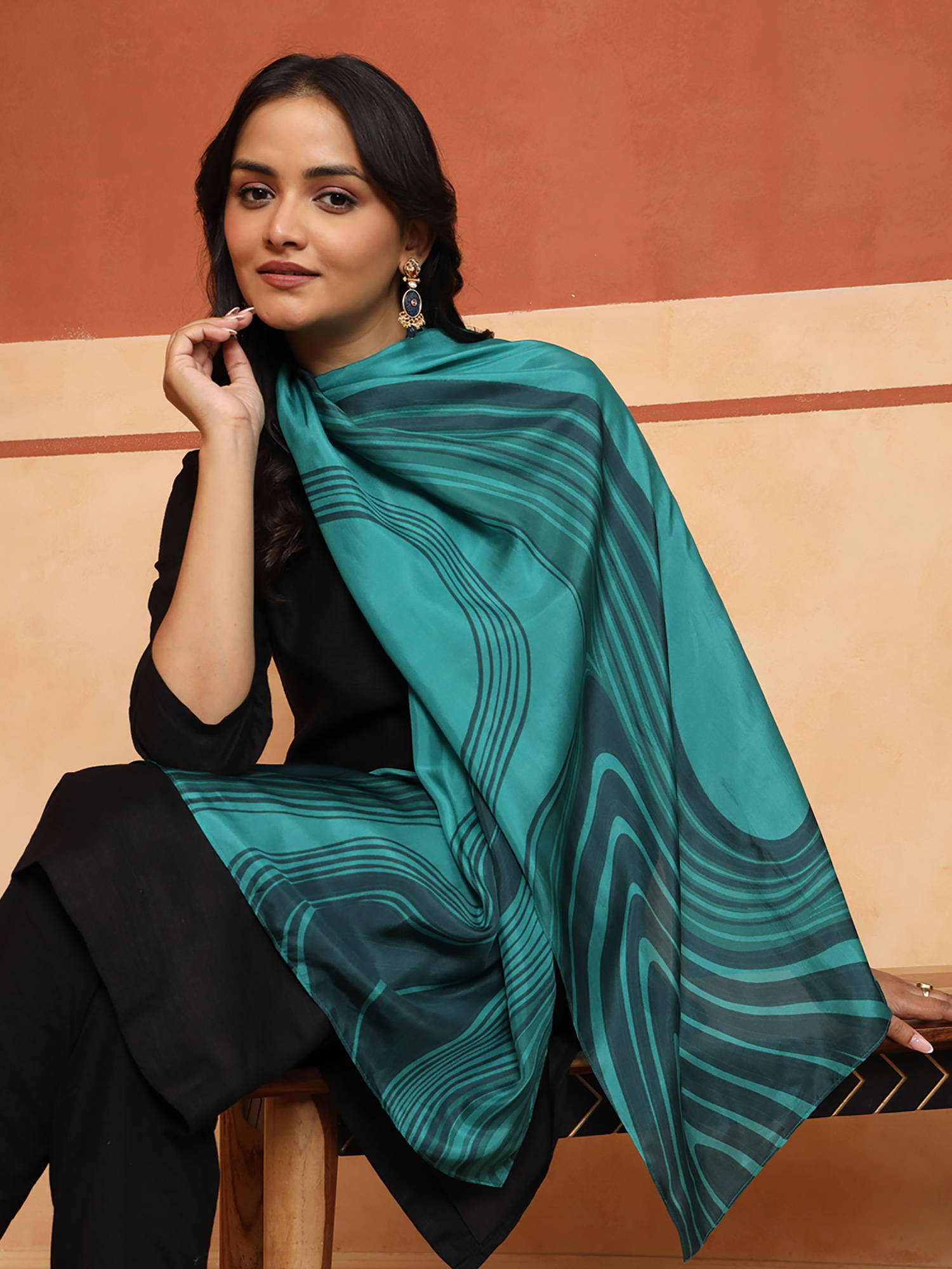 Fabindia Turquoise Silk Printed Stole