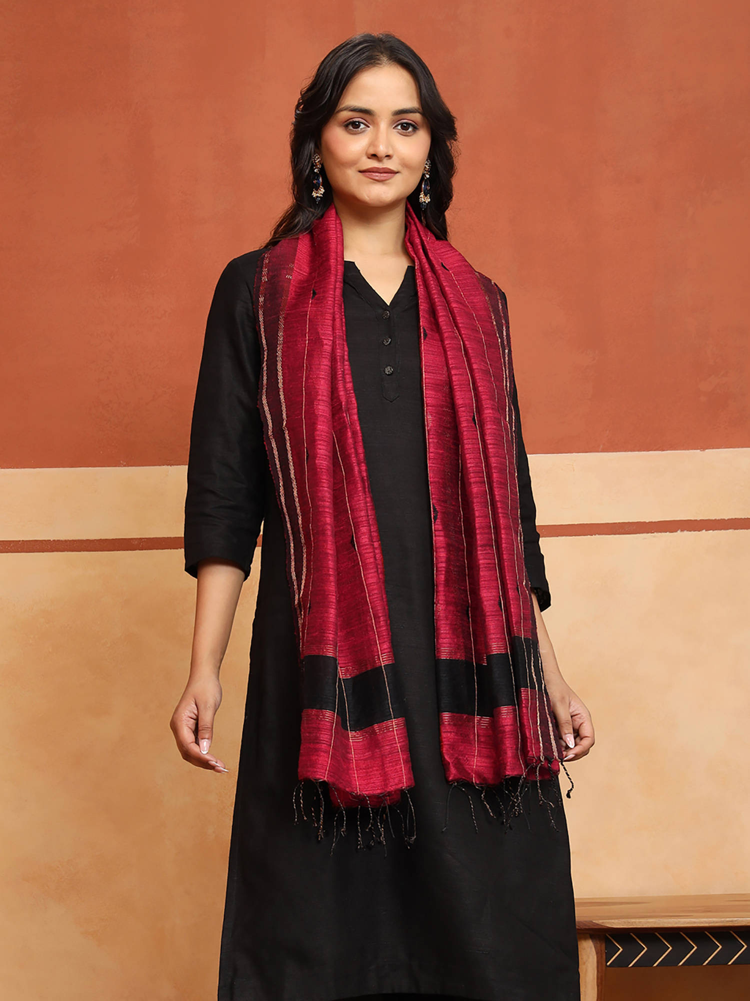 Fabindia Red Silk Blend Jamdani Stole