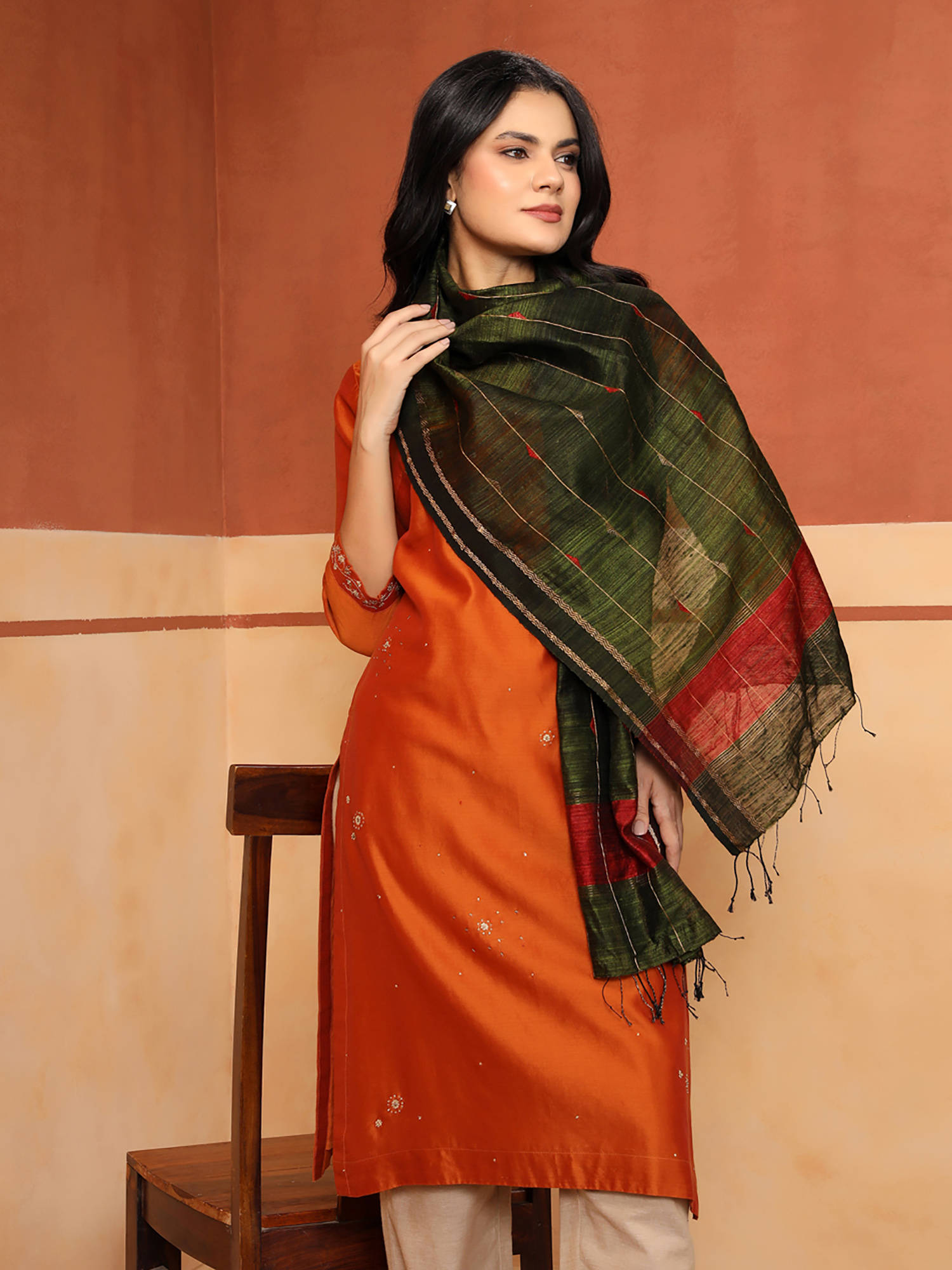 Fabindia Bottle Green Silk Blend Jamdani Stole