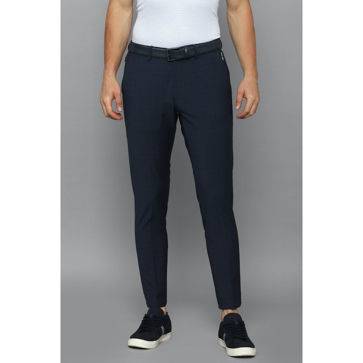 Men Navy Slim Fit Check Flat Front Casual Trousers