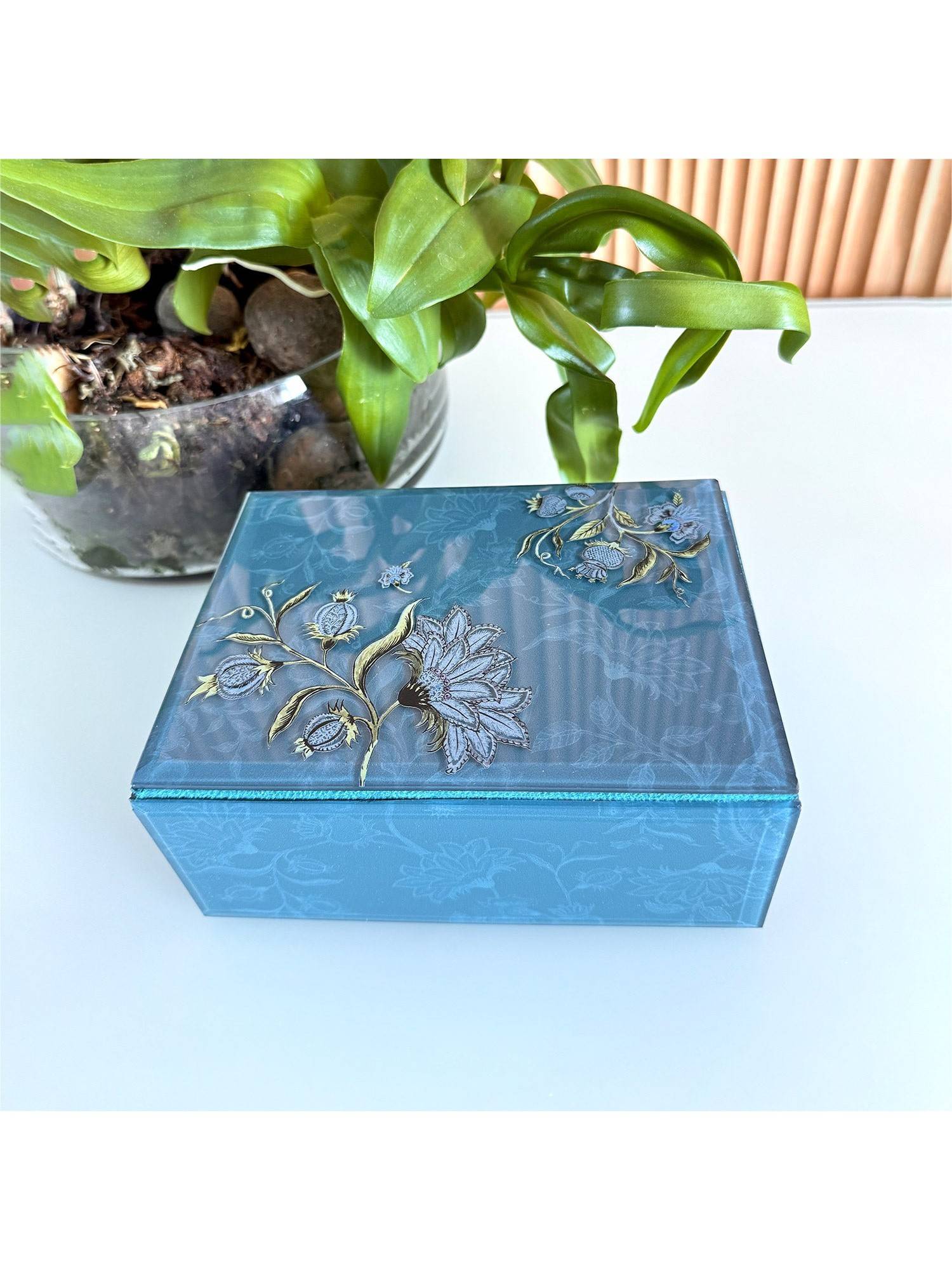 Faaya Gifting Ethnic Chintz Bevelled Glass Keepsake Blue Box