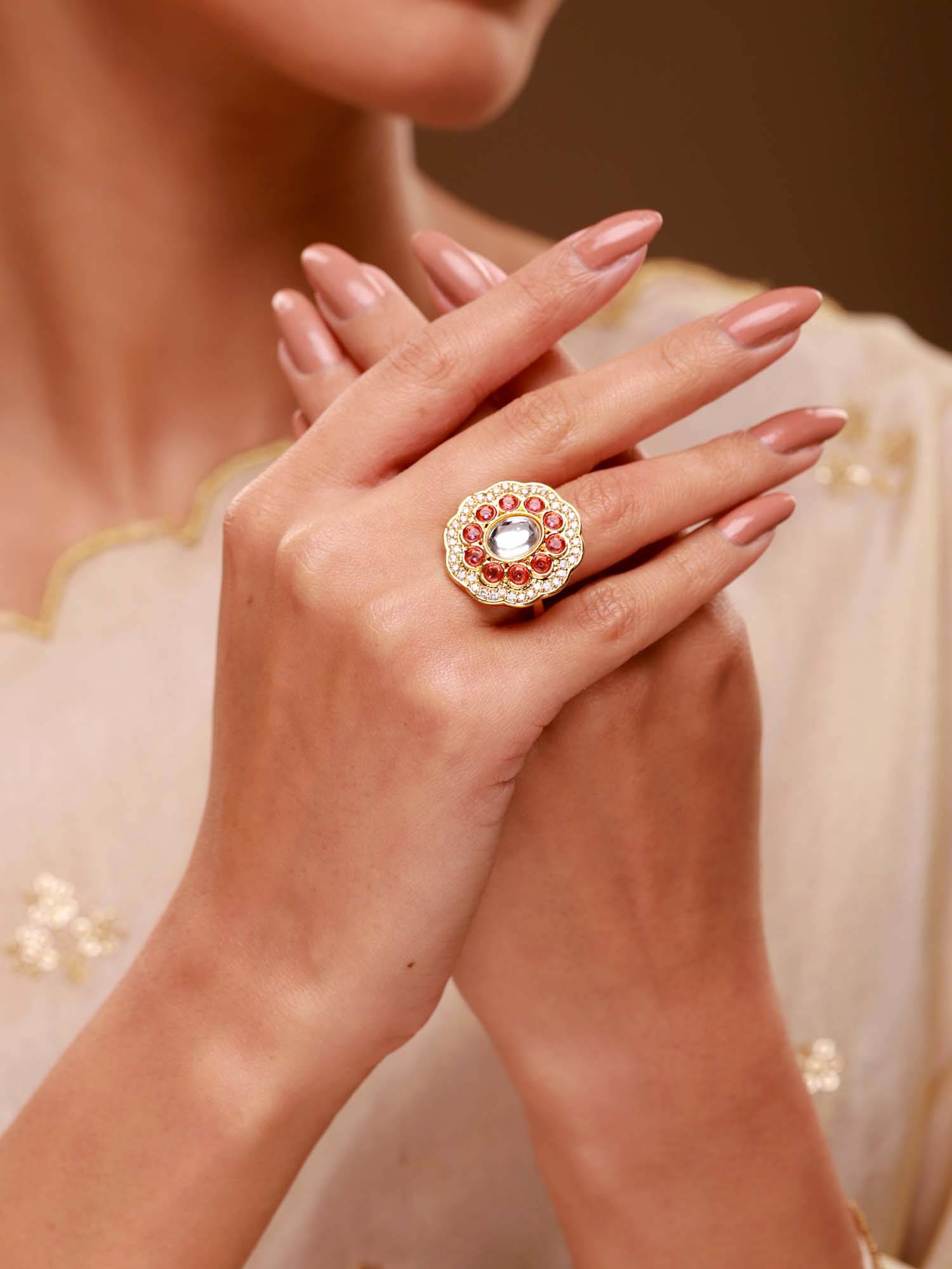 Voylla Red Brass Kundan Ring