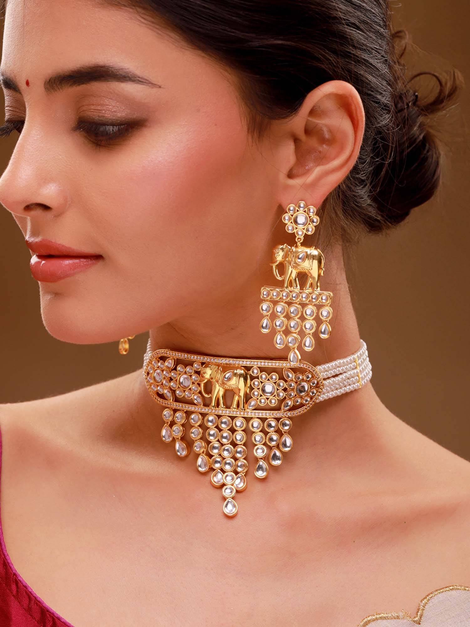 Voylla White Brass Kundan Necklace with Pair Of Earrings