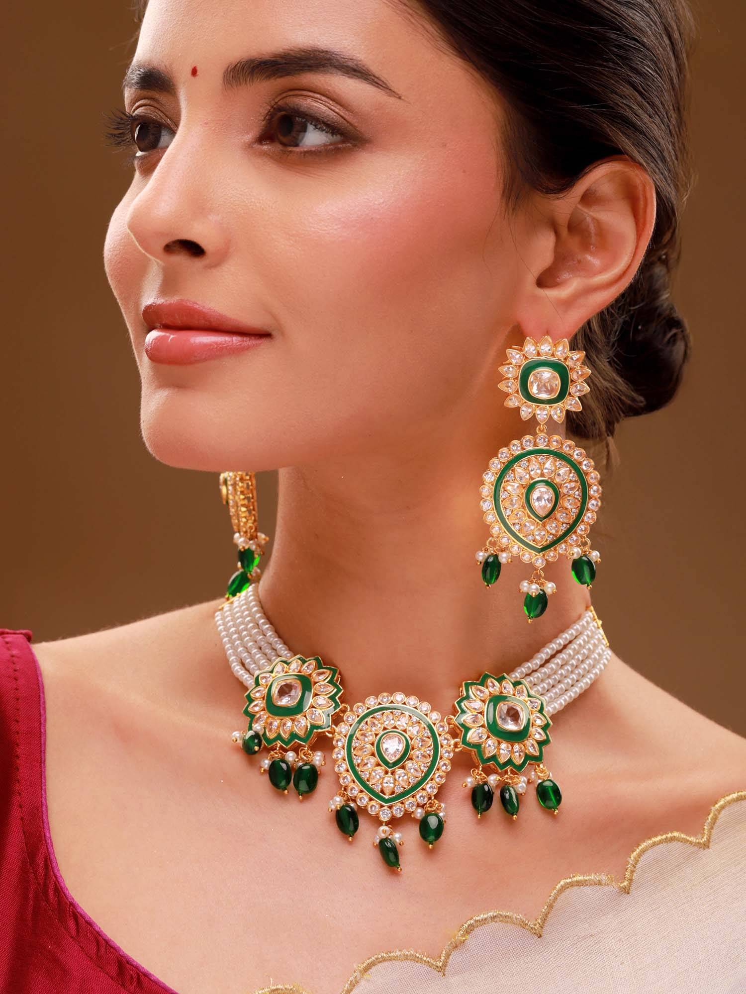 Voylla Green Brass Kundan Necklace with Pair Of Earrings