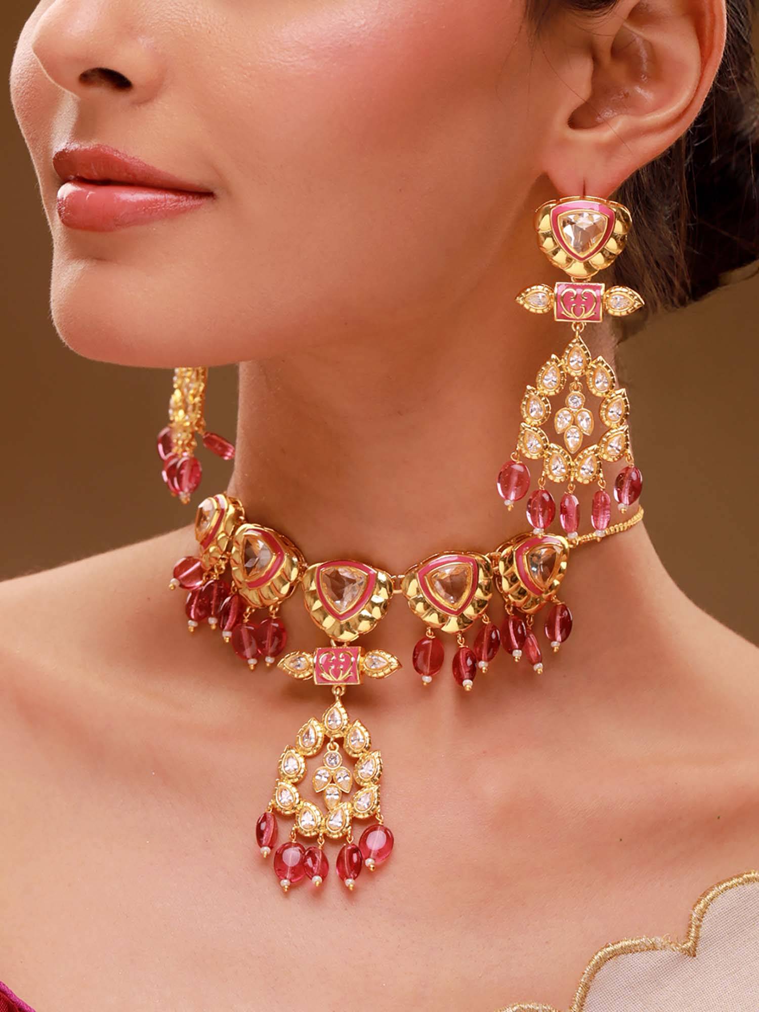 Voylla Pink Brass Kundan Necklace with Pair Of Earrings