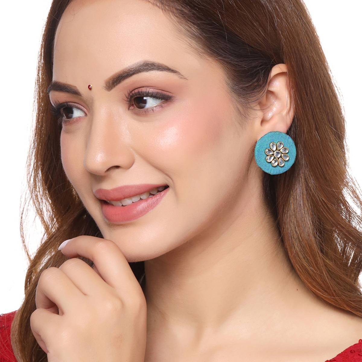 Yellow Chimes Kundan Studded Floral Design Fabric Circular stud earrings