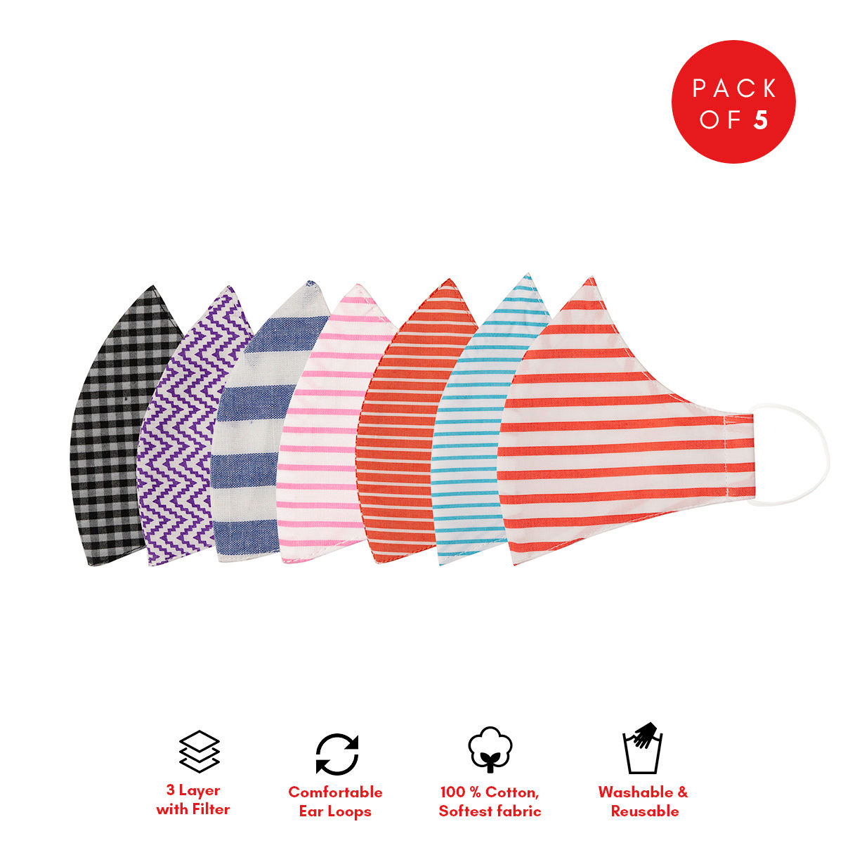 The Mask Company Three Ply 100% Cotton Mask for Adults Stripes and Checks - Multi-Color (Pack of 5)