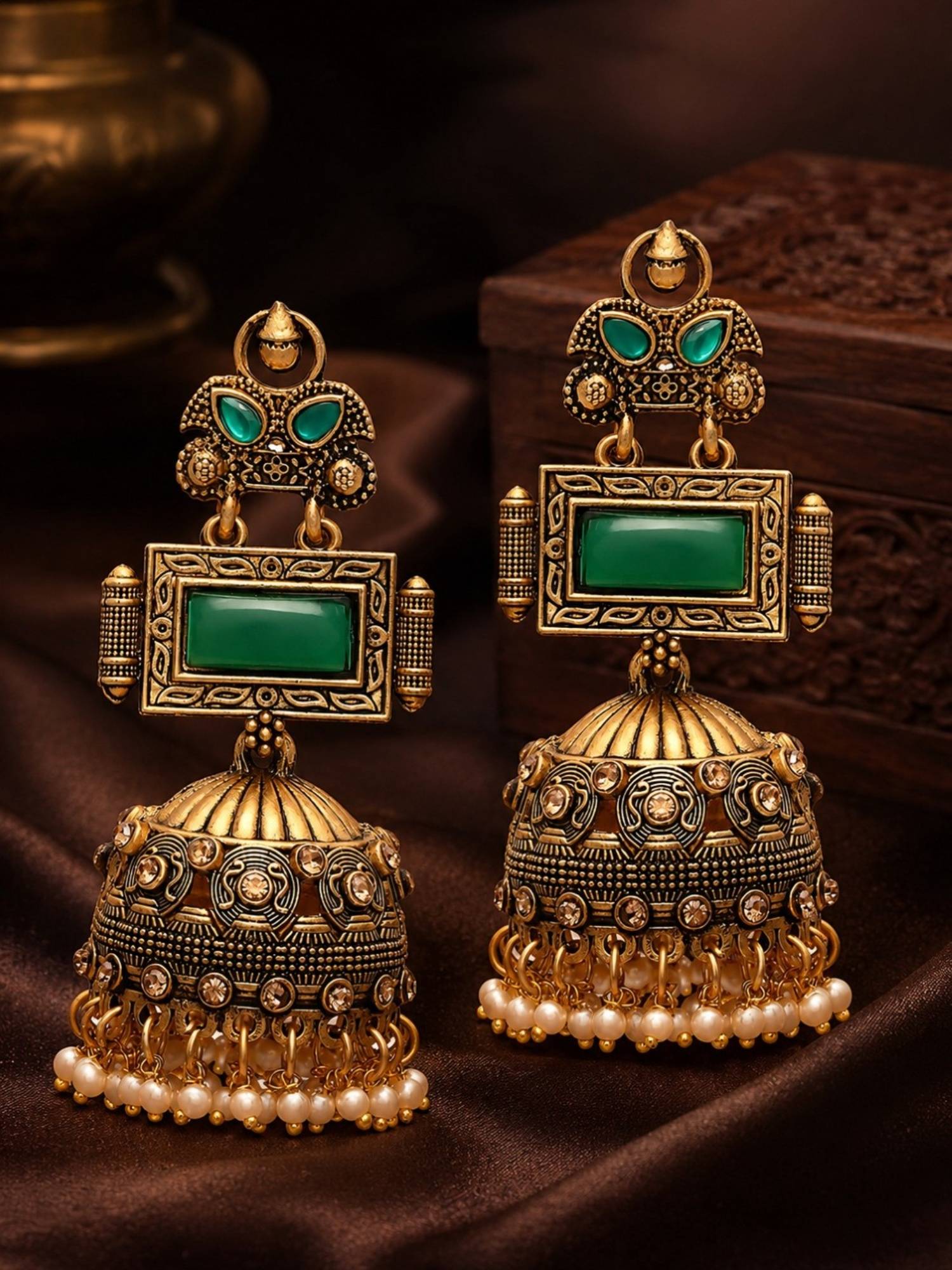 Fabula Matte Gold Statement Look Green Jhumka Earrings