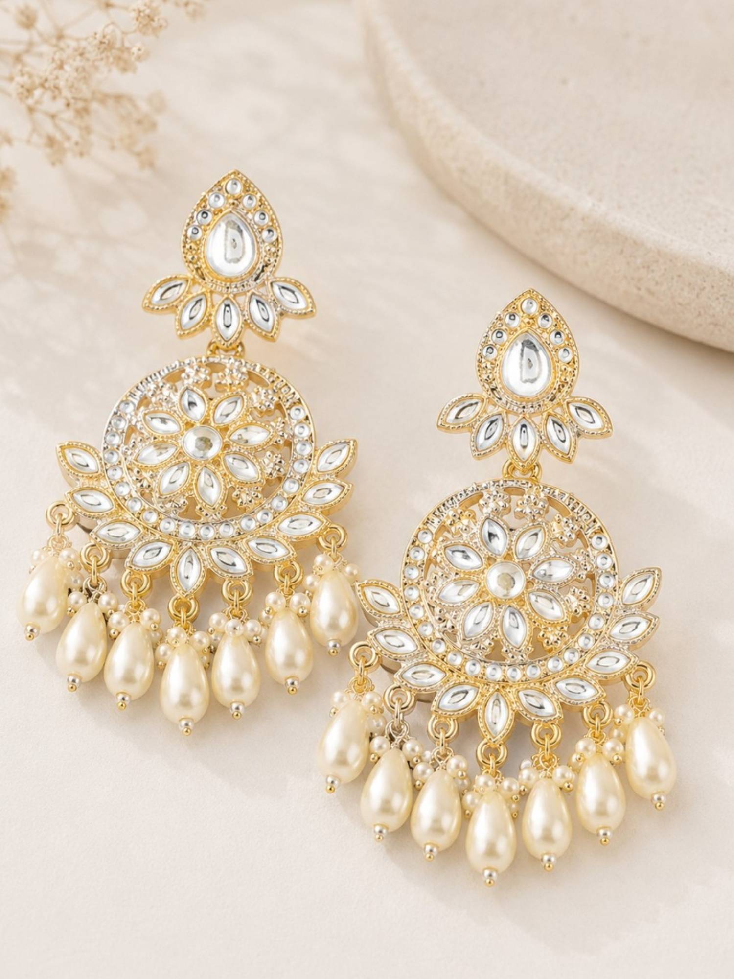 Fabula Gold Tone Kundan and Pearls Drop Earrings