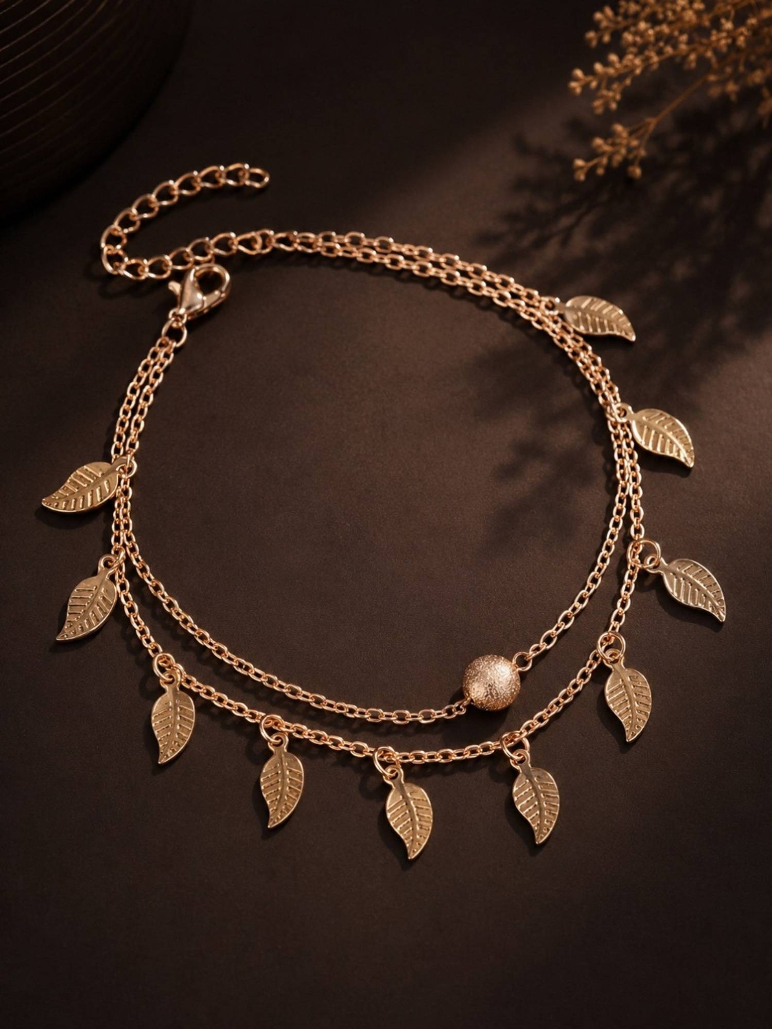Fabula Single Piece Gold Tone Multi Layer Leaf Anklet