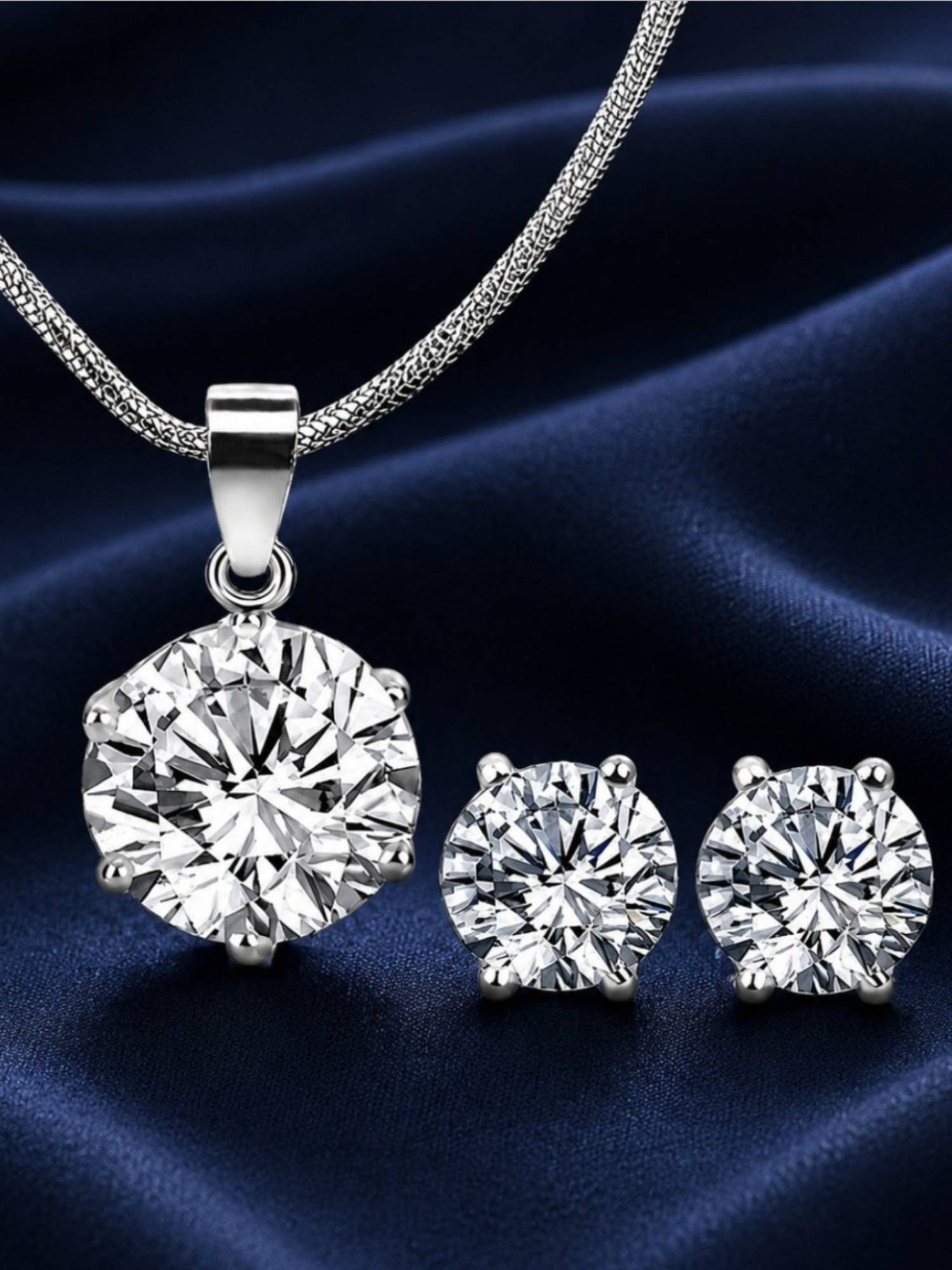 OOMPH Silver Tone Cubic Zirconia Pendant Necklace with Stud Earrings