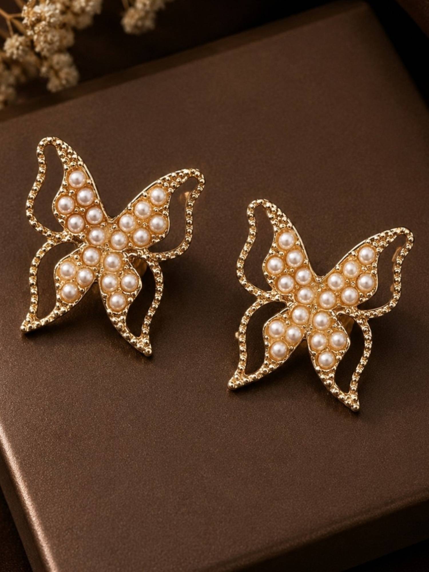 OOMPH Gold Tone Pearl Butterfly shape Large Stud Earrings