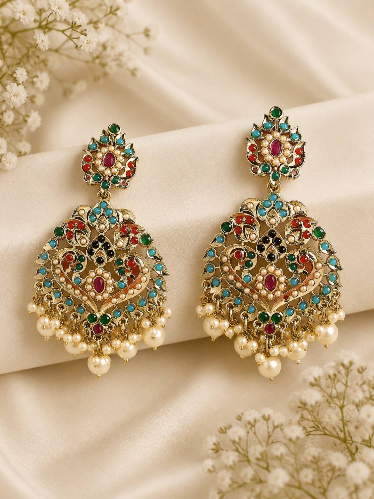 OOMPH Moti Manik Jadau Peacock Shape Drop Earrings