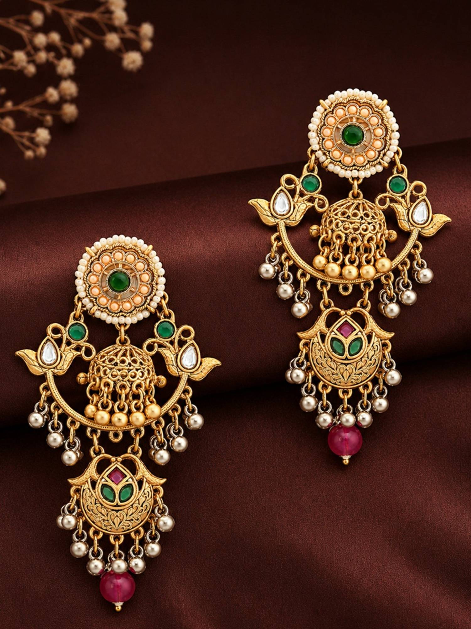 OOMPH Matte Gold Chandbali Jhumka Drop Earrings