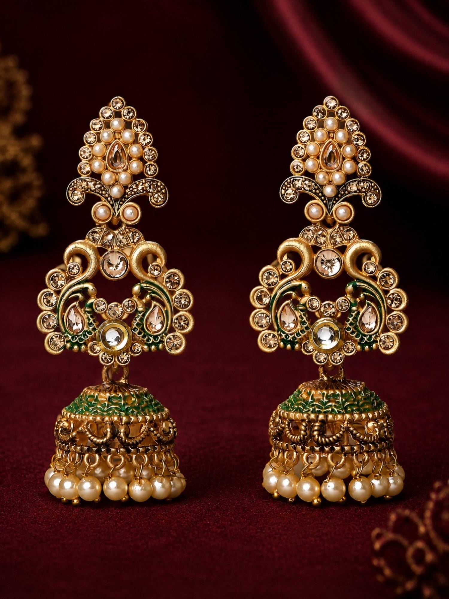 OOMPH Green Meenakari Enamel Kundan Peacock Shape Jhumka Earrings