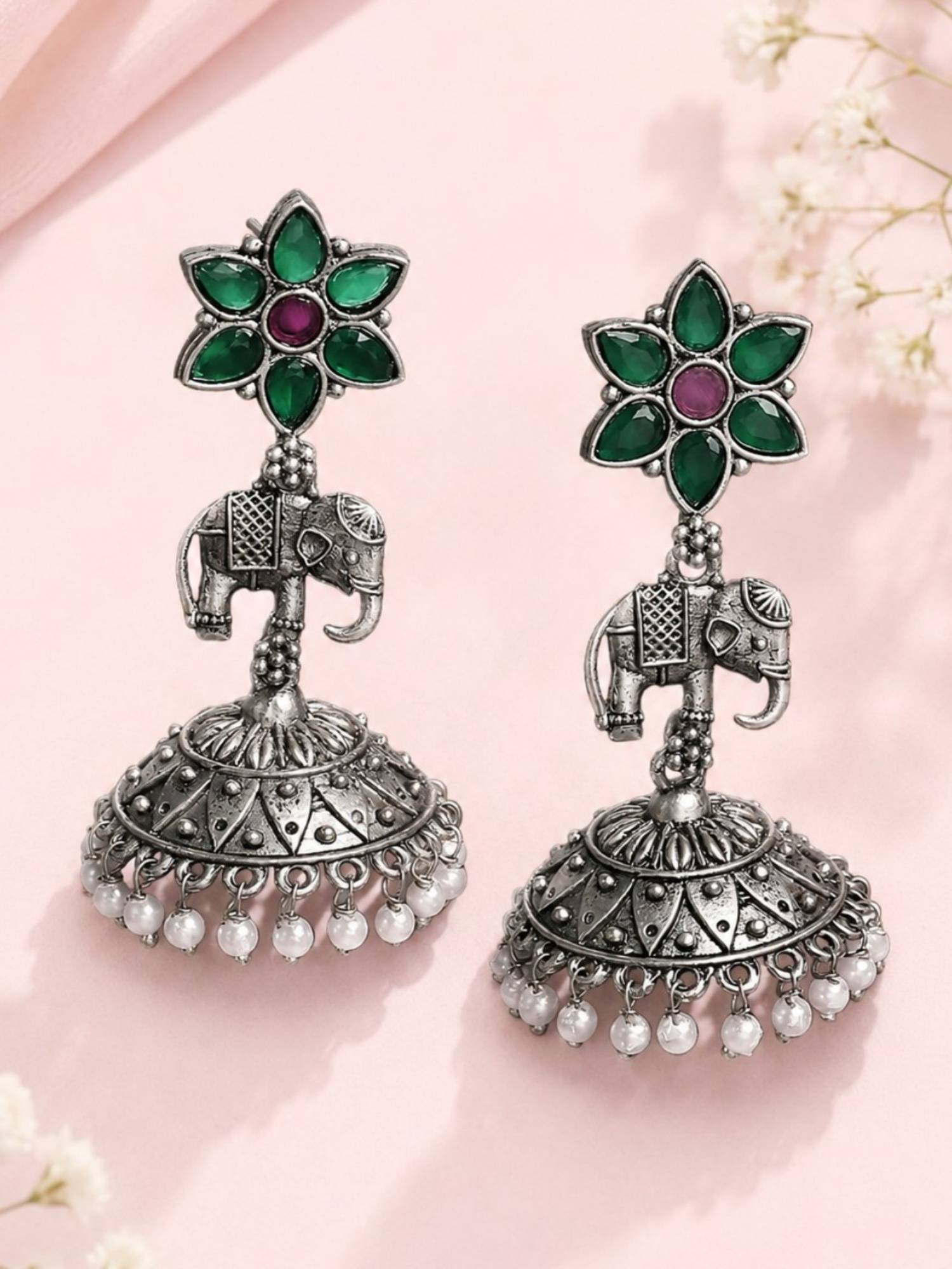 OOMPH Oxidised Green Elephant Design Ethnic Jhumka Earrings