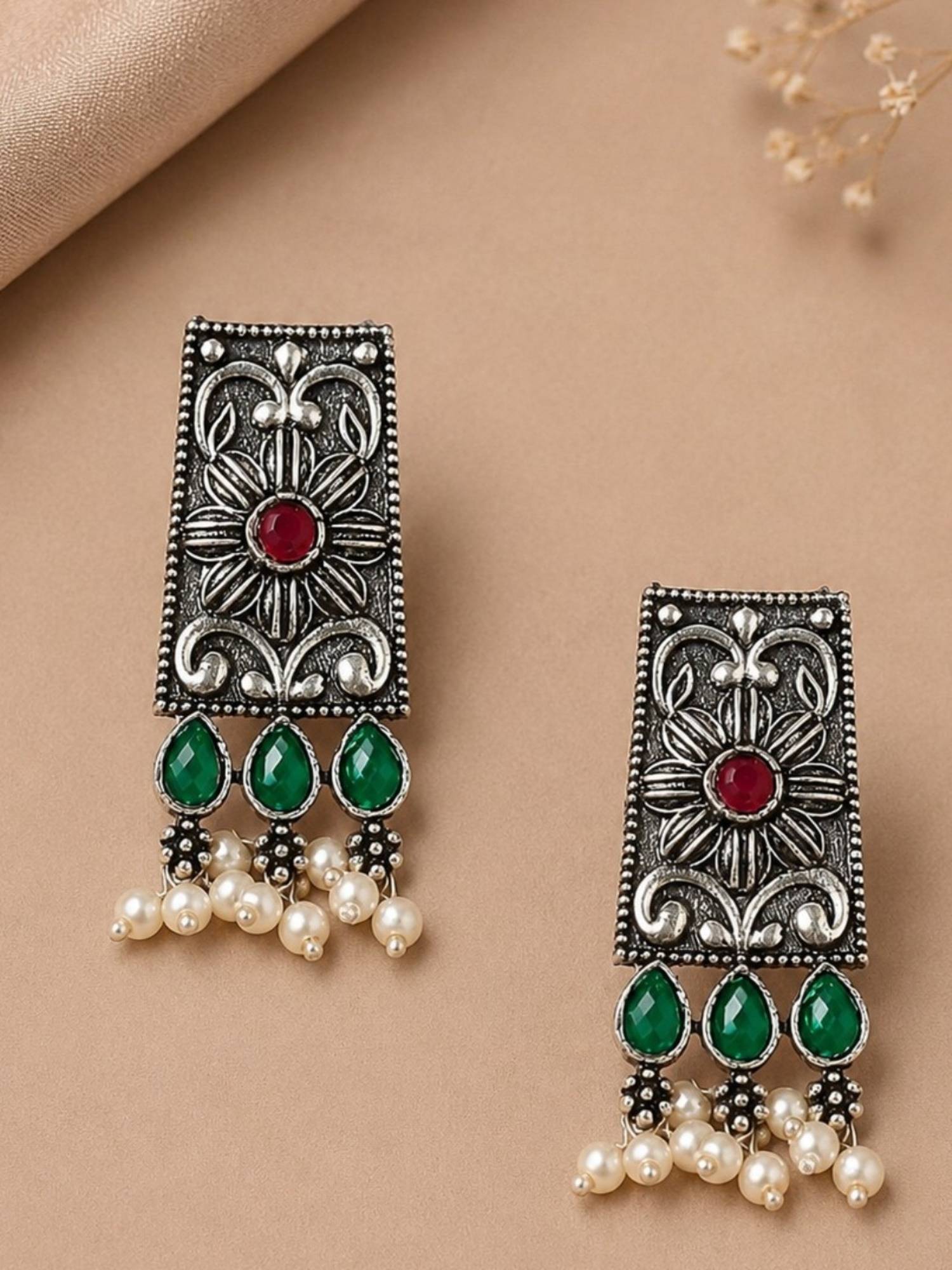 OOMPH Oxidised Silver Ethnic Floral Design Drop Earrings