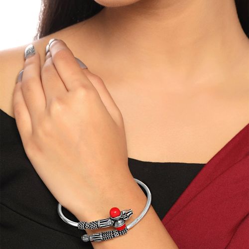 Yellow Chimes Oxidised Silver Trishul Damru Adjustable Bracelet