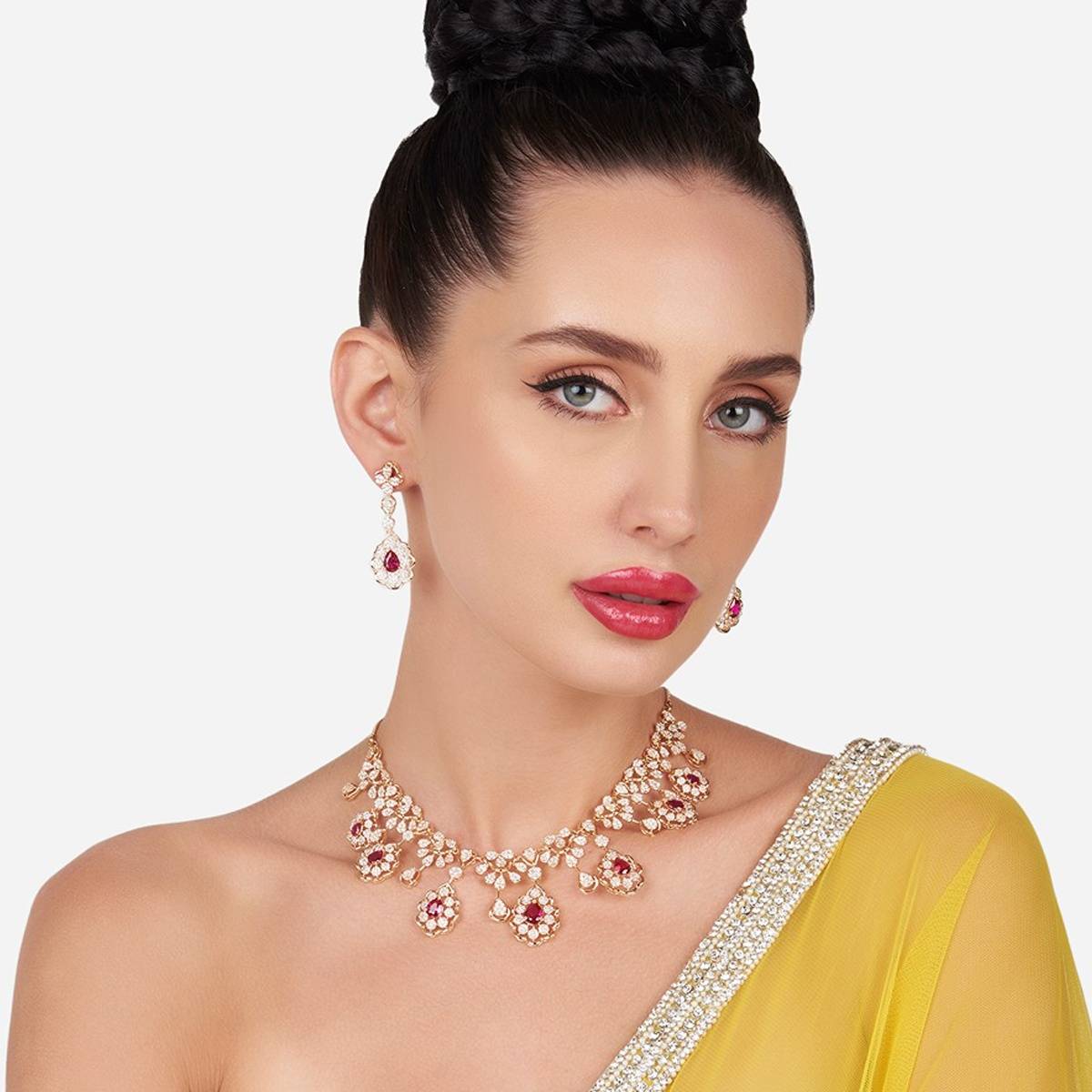 Zaveri Pearls Pink Dazzling Cubic Zirconia Designer Brass Necklace and Earring Set-ZPFK16172