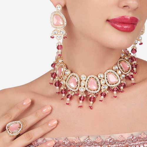 Buy Zaveri Pearls Pink Colour Artificial Stones and Beads Choker