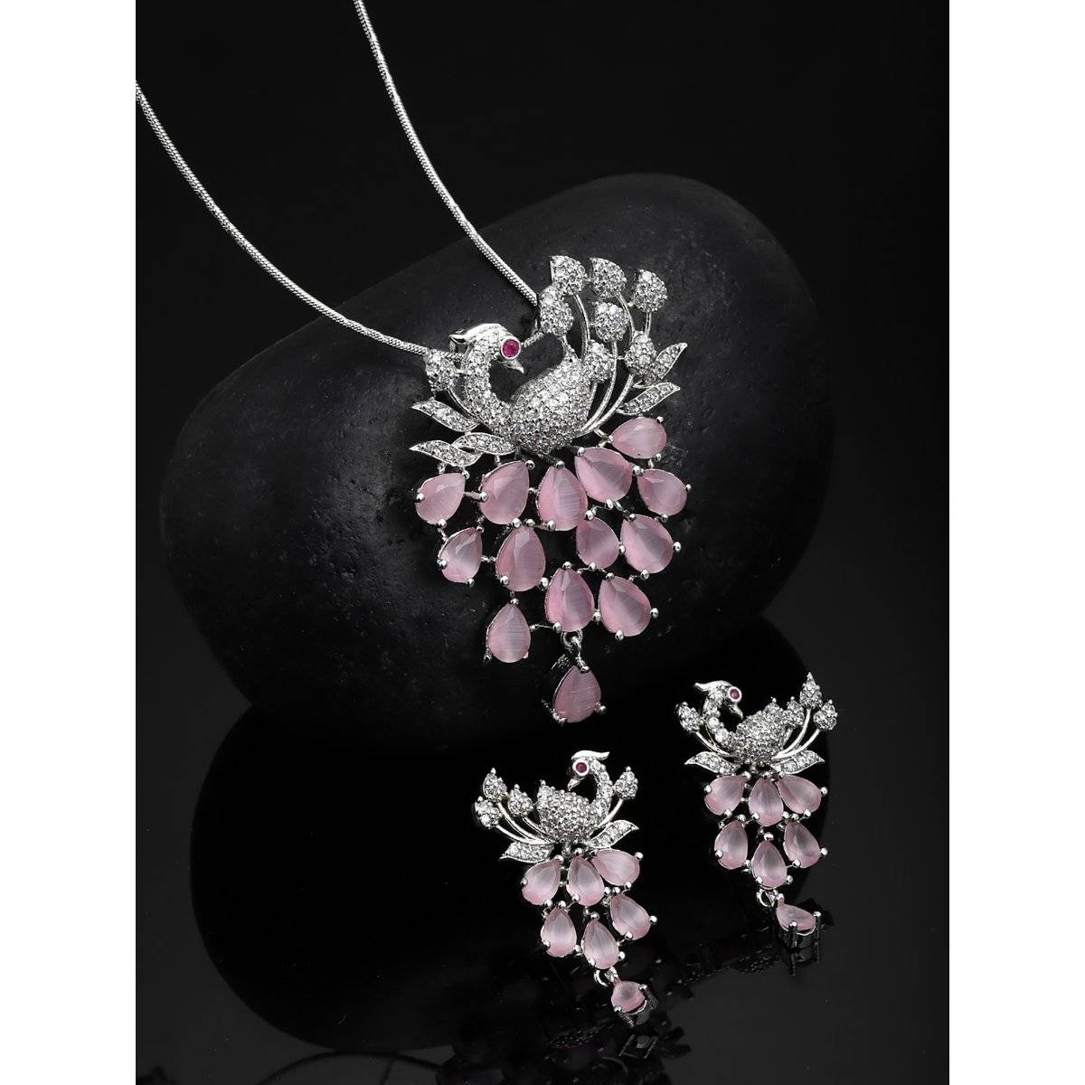 PANASH Women Silver Plated White and Pink CZ Stone Studded Jewellery (Set of 2)