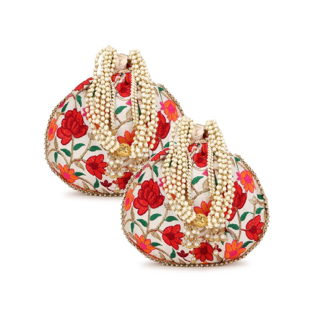 Anekaant Dangle Cream & Multi-Color Floral Embroidered Faux Silk Potlis Combo (Pack Of 2)