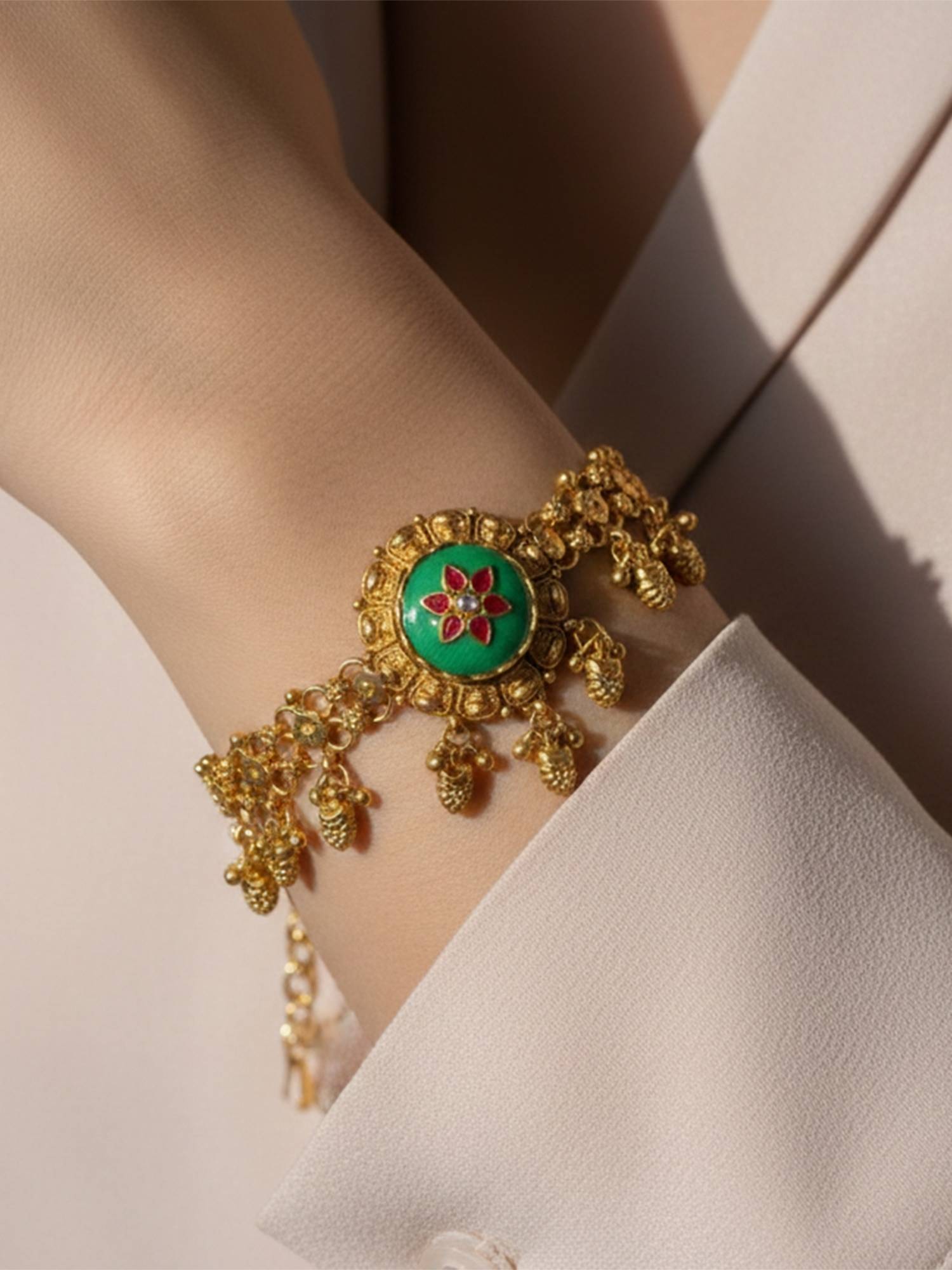 I Jewels Traditional Rajwadi Floral Antique Gold Adjustable Bracelet for Women