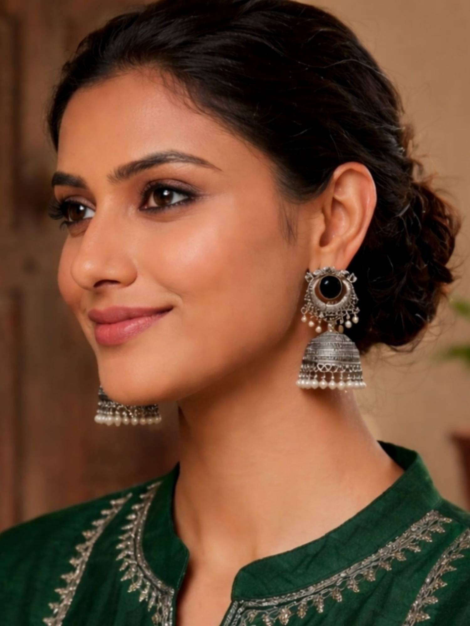 I Jewels Oxidized Silver Jhumka Black Earrings for Women