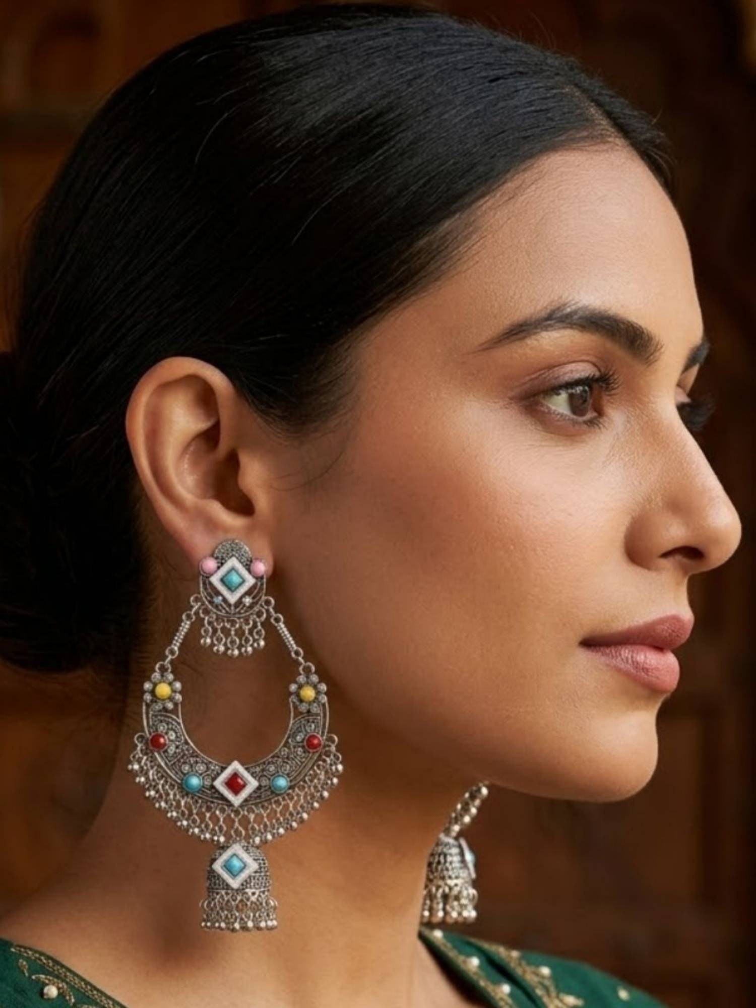 I Jewels Oxidized Silver Multicolour Stone Chand Bali Earrings for Women