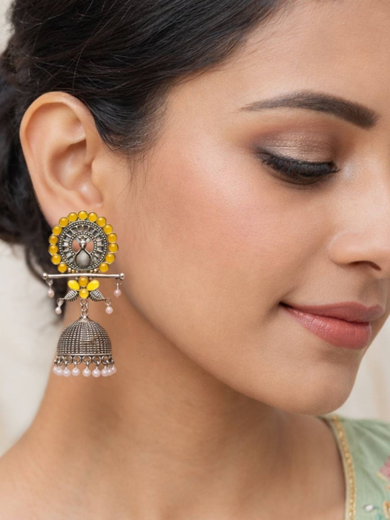 I Jewels Traditional Oxidized Peacock Jhumka Yellow Earrings for Women