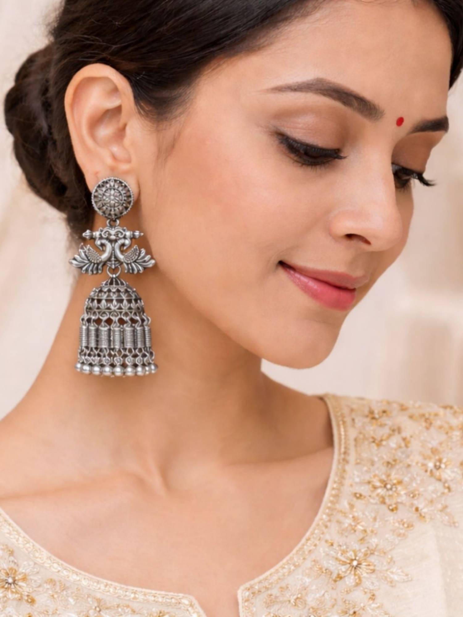 I Jewels Oxidized Silver Peacock Motif Traditional Jhumka Earrings