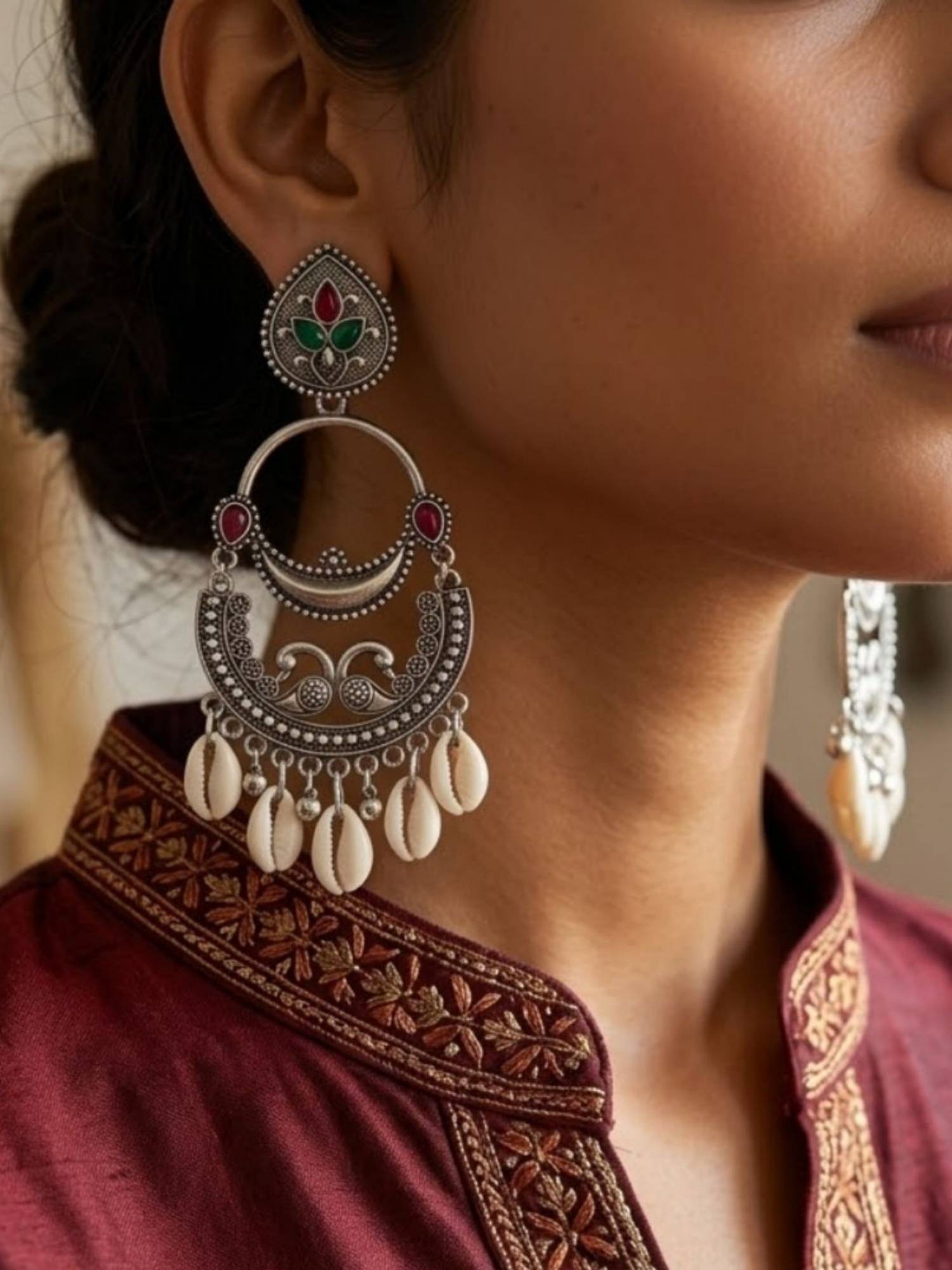I Jewels Oxidized Silver Multicolour Chand Bali Earrings with Shell Drops for Women