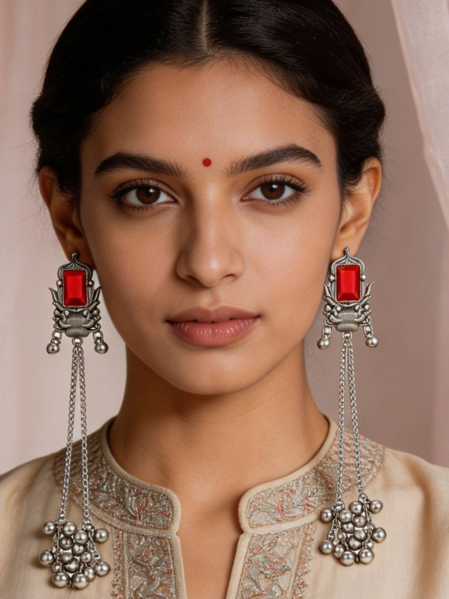 I Jewels Oxidized Silver Kashmiri Ghungroo Red Drop Earrings for Women